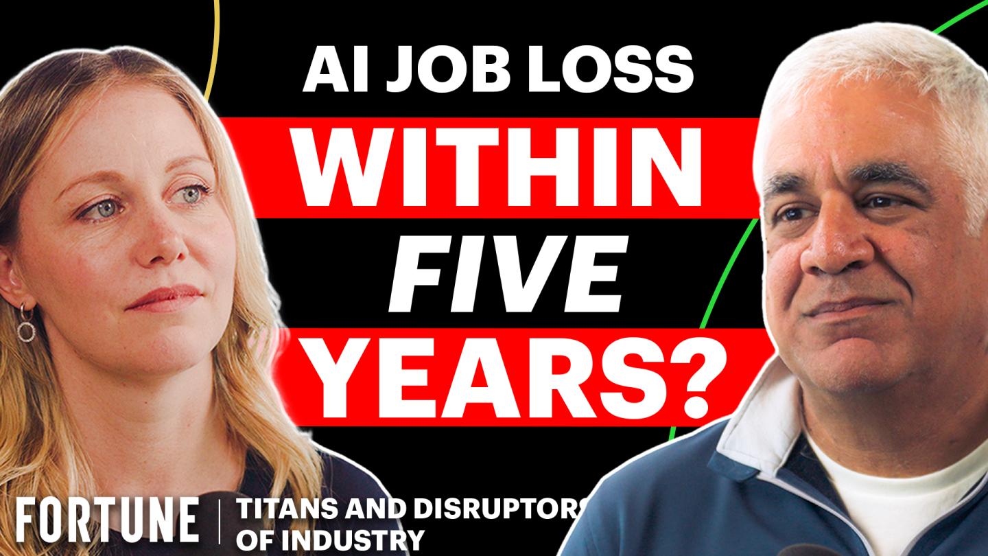 ai-job-loss Fortune Titans and Disruptors of Industry podcast graphic featuring Fortune Editor-in-Chief and host Alyson Shontell, and Workday CEO Aneel Bhusri. Reads: "AI job loss within five years?" Links to episode.
