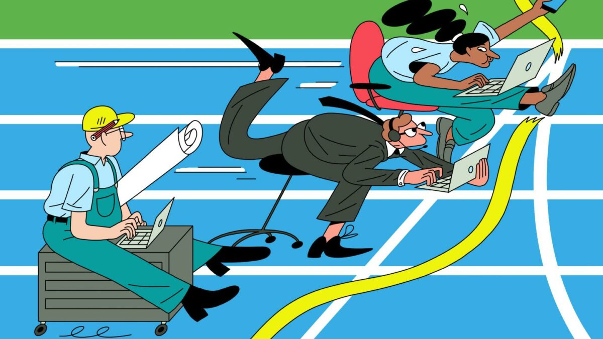 Illustration of three employees racing one another across the finish line