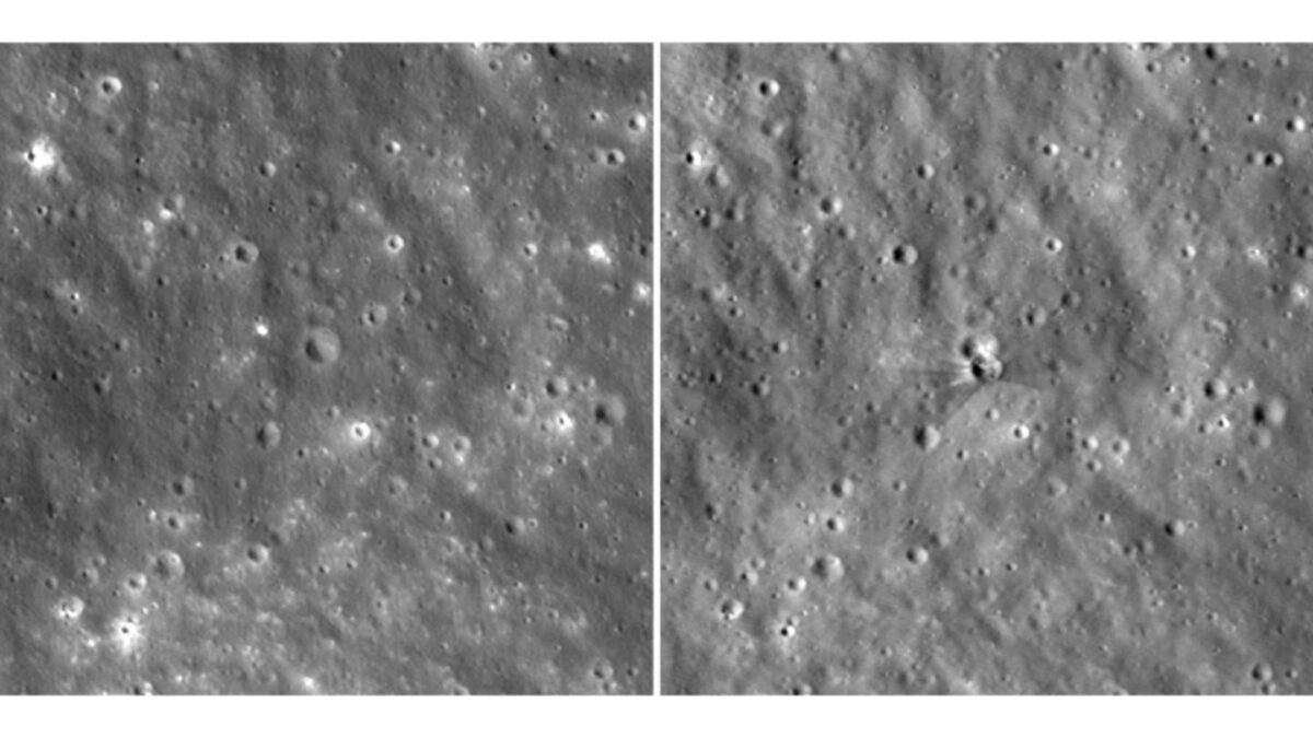 Flight controllers tilted the spacecraft and waited six days for the crash scene to come into view, revealing debris streaks radiating from the crater.