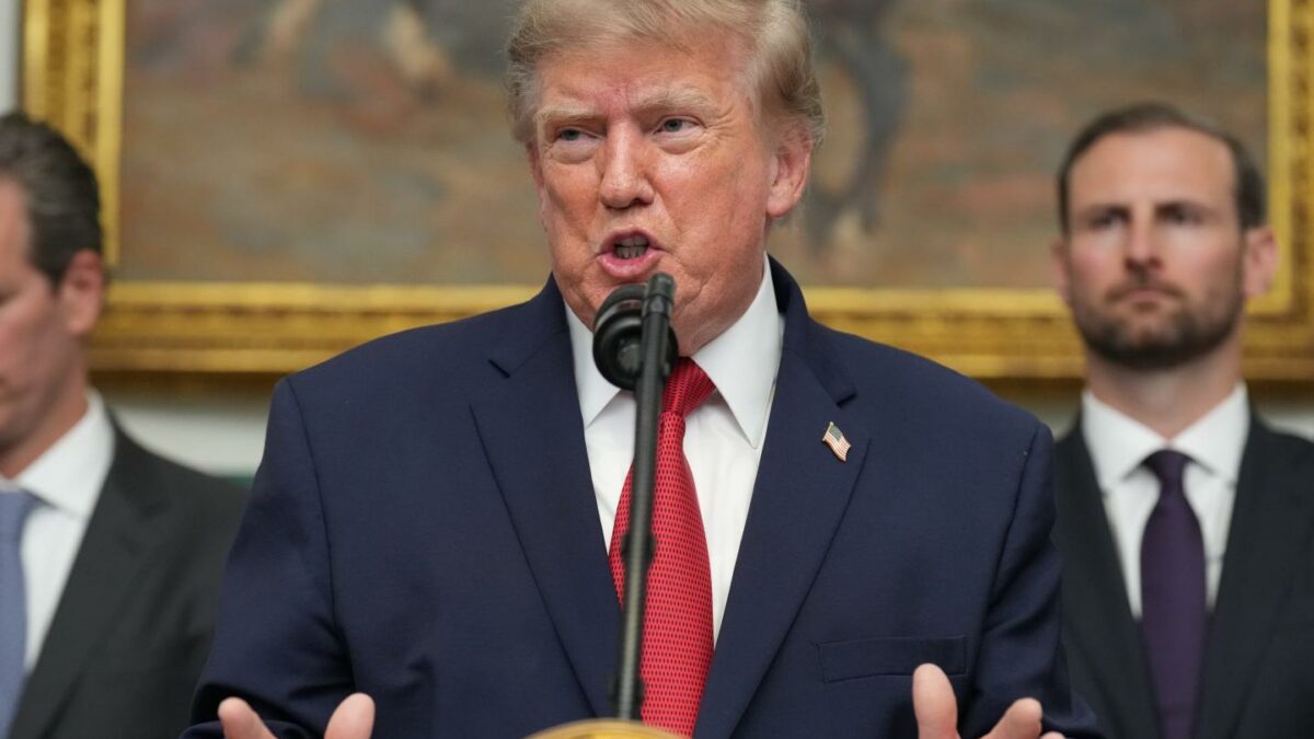 President Donald Trump speaks during a meeting with technology leaders in the Roosevelt Room of the White House.