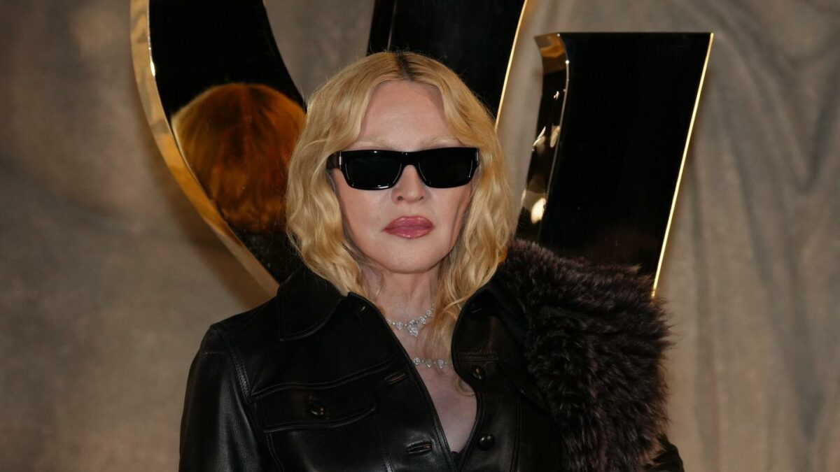 Madonna poses before the Saint Laurent Spring/Summer 2026 collection presented in Paris.