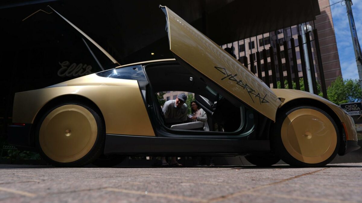 A Tesla Cybercab is displayed in downtown Austin, Texas, Thursday, Sept. 3, 2026.