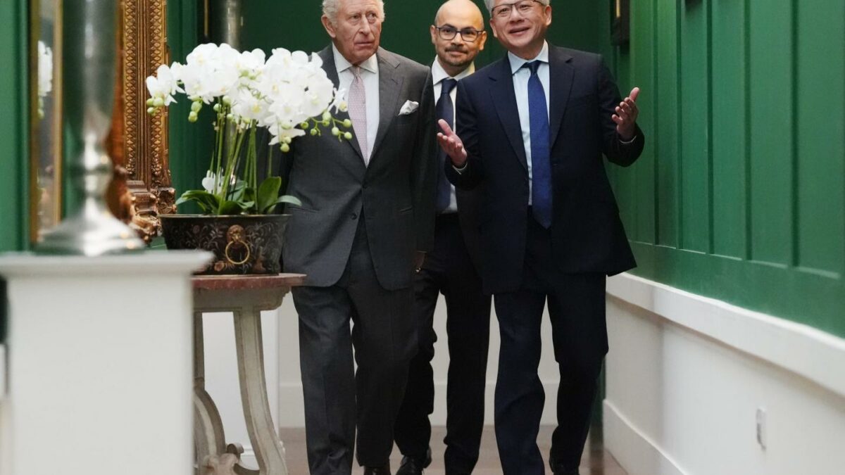 King Charles III walks with Nvidia CEO Jensen Huang and Google DeepMind Chair Demis Hassabis ahead of a meeting on AI safety in Scotland.