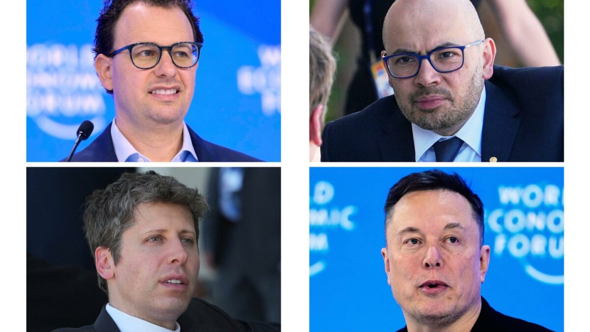 Anthropic CEO Dario Amodei, top left, on Jan. 23, 2025, co-founder of Google DeepMind Demis Hassabis, top right, and CEO of OpenAI Sam Altman, bottom left, on June 17, 2026, and CEO of SpaceXAI Elon Musk, bottom right, on Jan. 22, 2026.