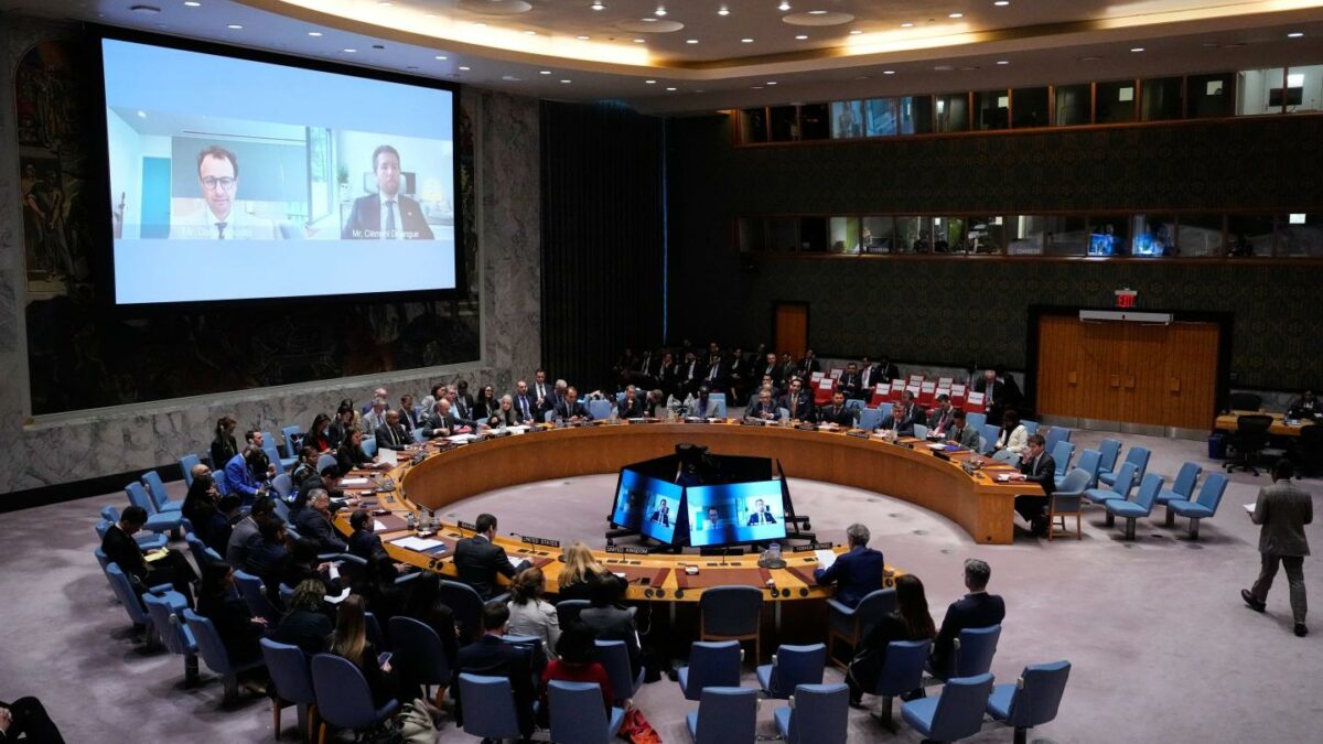 Dario Amodei, CEO of Anthropic, and Clément Delangue, CEO of and co-founder of Hugging Face, attend a Security Council meeting on artificial intelligence remotely at the 81st session of the United Nations General Assembly at United Nations headquarters, Wednesday, Sept. 23, 2026.