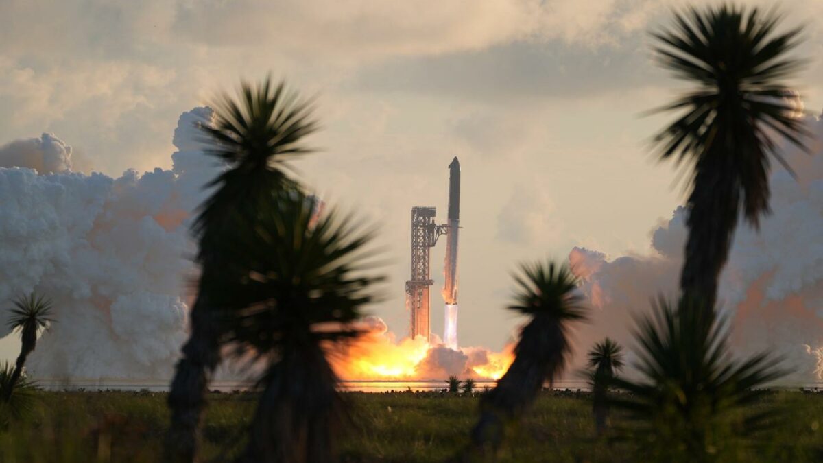 SpaceX's mega rocket Starship lifts off for a test flight from Starbase, Texas.