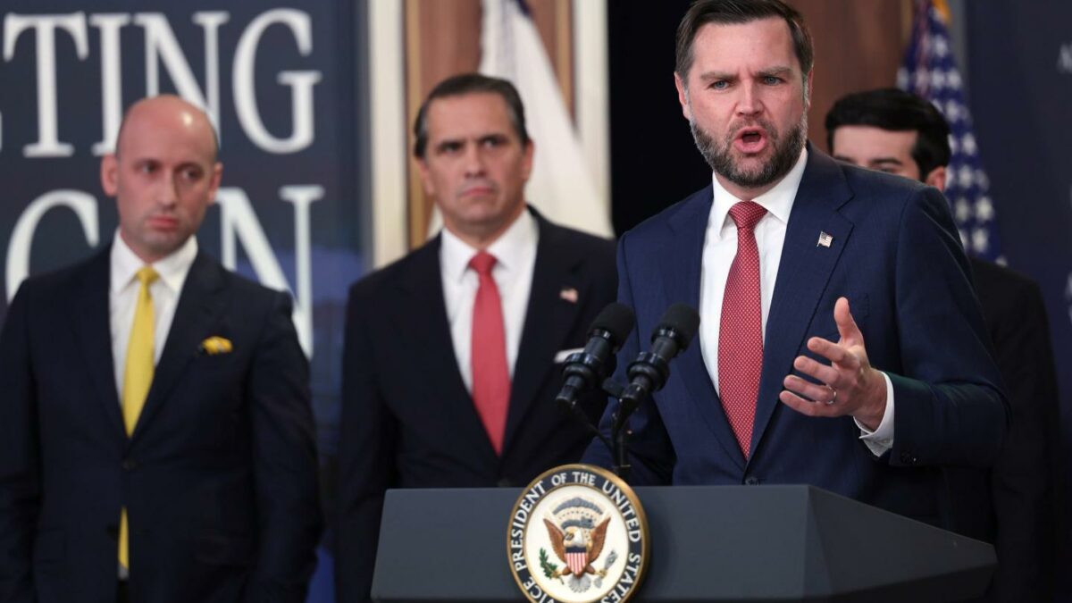 Vice President JD Vance speaks as Stephen Miller, White House deputy chief of staff, from left, and Attorney General Todd Blanche listen during a news conference on the Fraud Task Force inside the Eisenhower Executive Office Building on the White House campus.