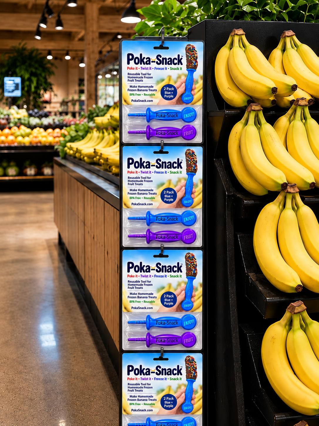 concept-rendering-showing-how-poka-snack-could-be-merchandised-alongside-fresh-bananas-in-a-grocery-produce-department An AI-generated Poka Snack concept rendering shared with Fortune.