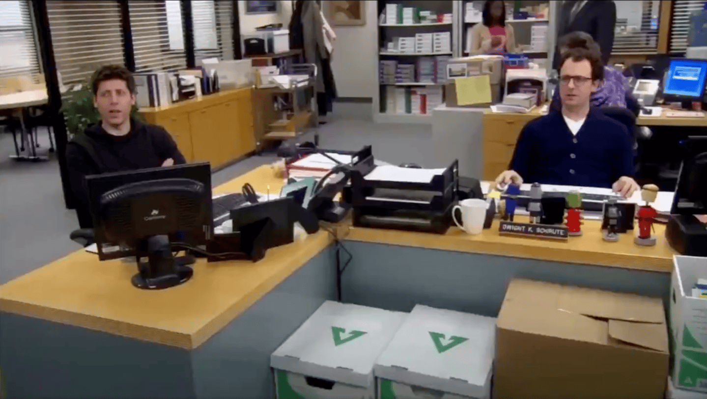 fortune-tech-parting-shot-2026-09-24 OpenAI CEO Sam Altman and Anthropic CEO Dario Amodei in an AI-generated spoof of "The Office."