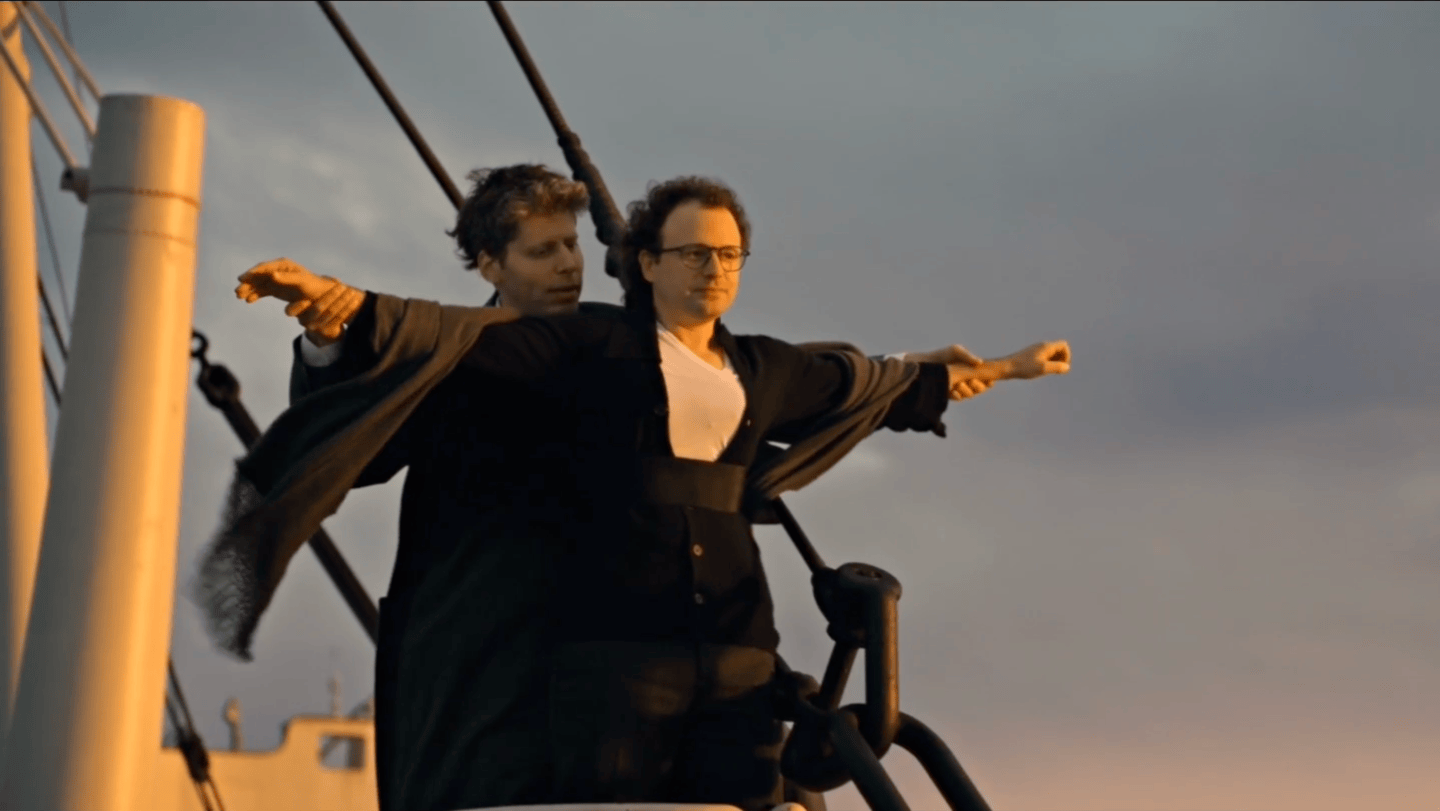 fortune-tech-parting-shot-2026-09-25 OpenAI CEO Sam Altman and Anthropic CEO Dario Amodei in an AI-generated scene from the film "Titanic."