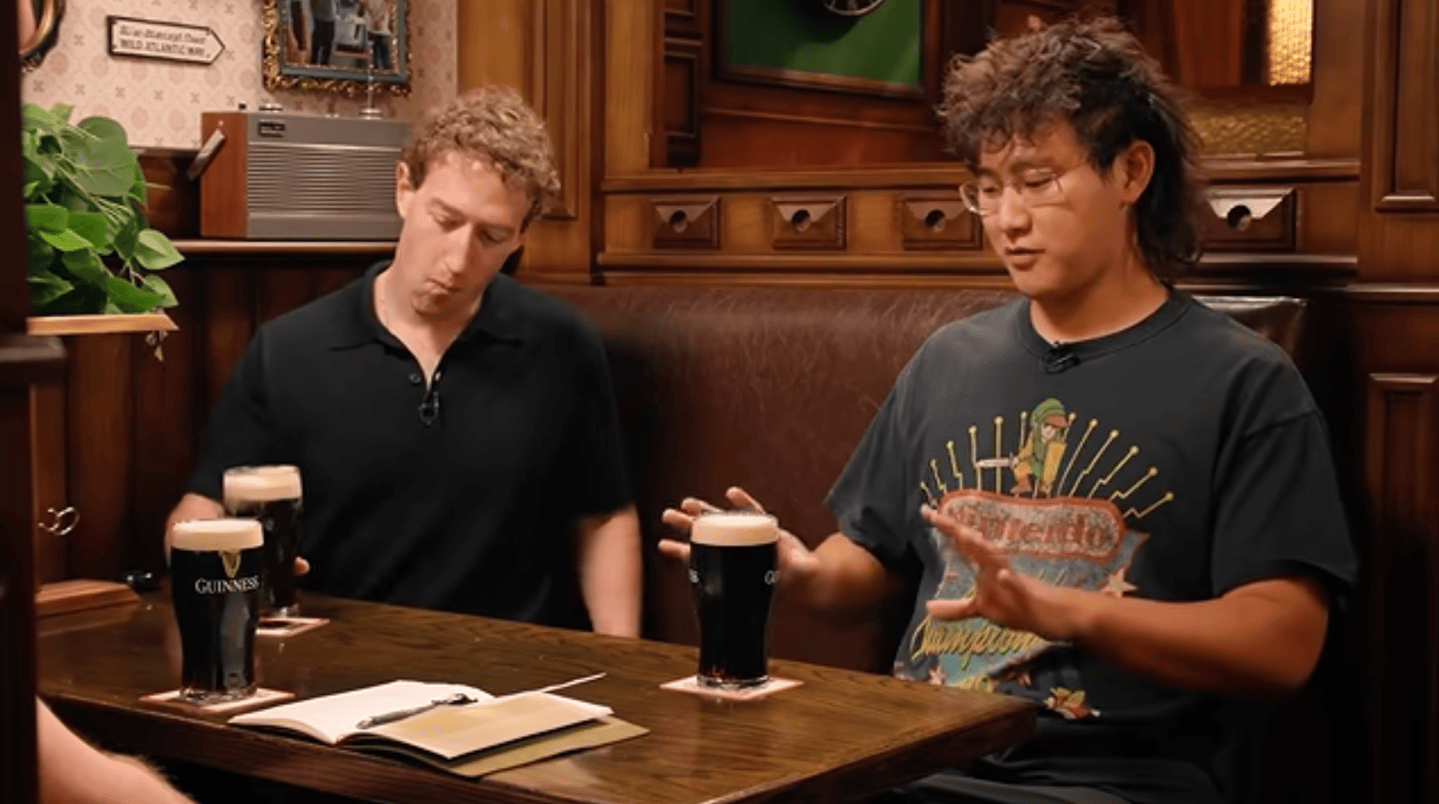fortune-tech-parting-shot-2026-10-14 Meta CEO Mark Zuckerberg with Meta chief AI officer Alexandr Wang on Stripe's "Cheeky Pint" video series.