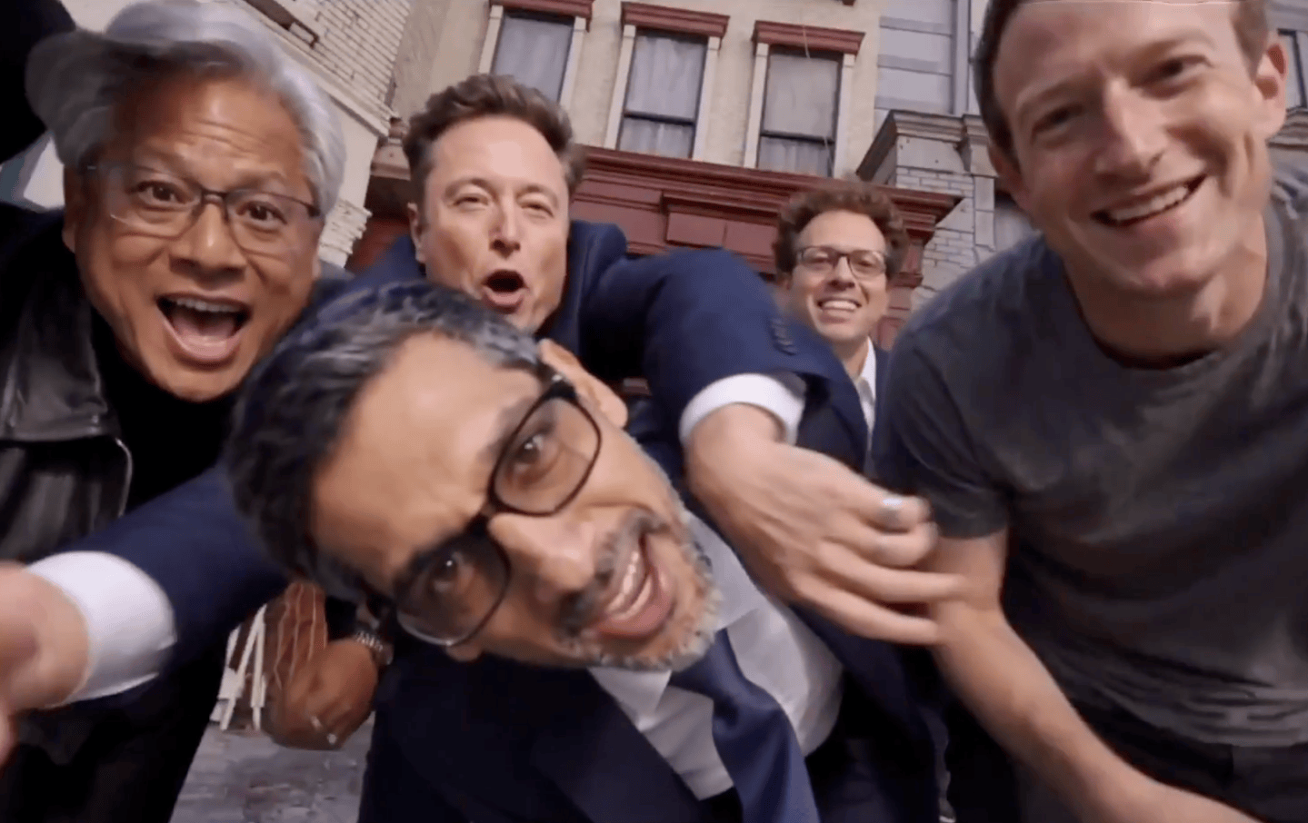 fortune-tech-parting-shot-2026-10-15 OpenAI CEO Sam Altman, Nvidia CEO Jensen Huang, Alphabet CEO Sundar Pichai, SpaceX CEO Elon Musk, Anthropic CEO Dario Amodei, and Meta CEO Mark Zuckerberg depicted in an AI-generated music video.