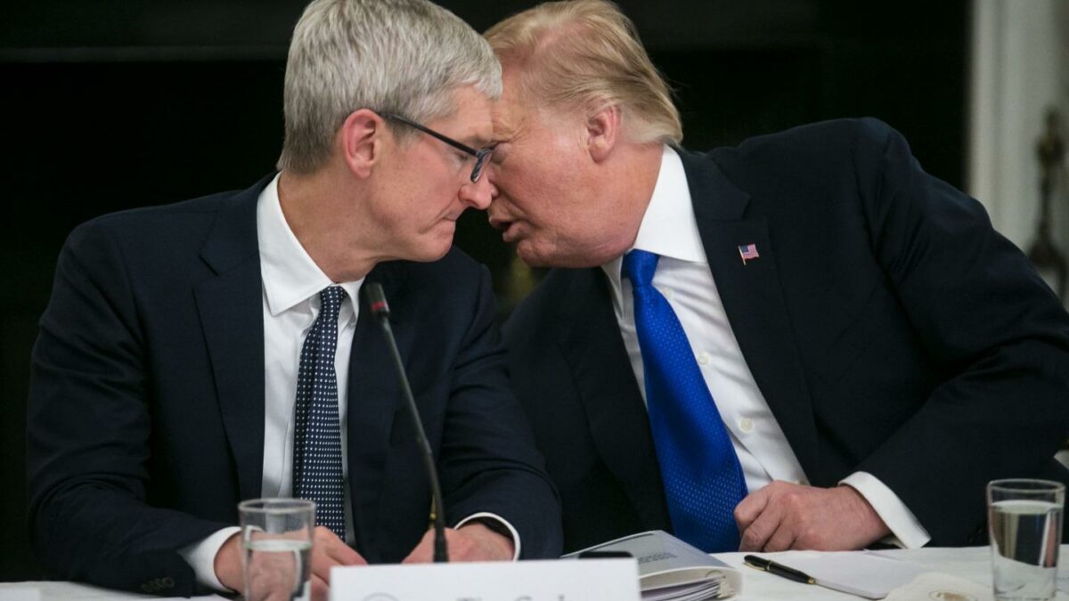 President Donald Trump with then–Apple CEO Tim Cook during a White House meeting in 2019. Cook would go on to earn a fitting nickname for his relationship with the president: “Trump whisperer.”