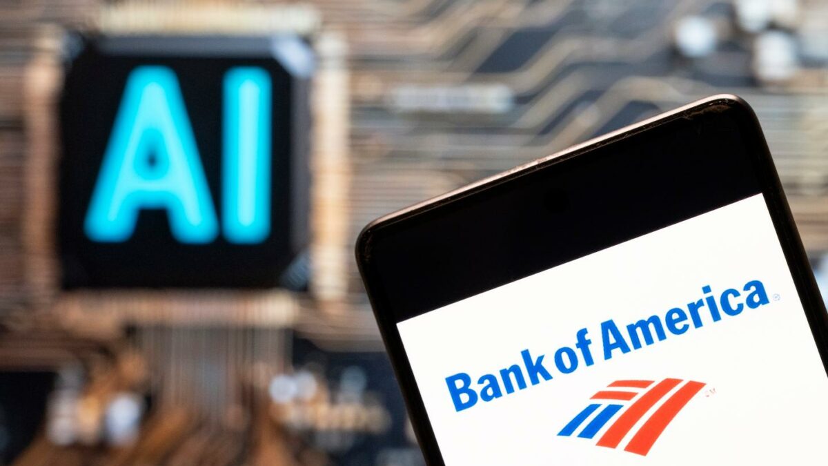 The Bank of America logo seen displayed on a smartphone with an Artificial intelligence (AI) chip and symbol in the background.