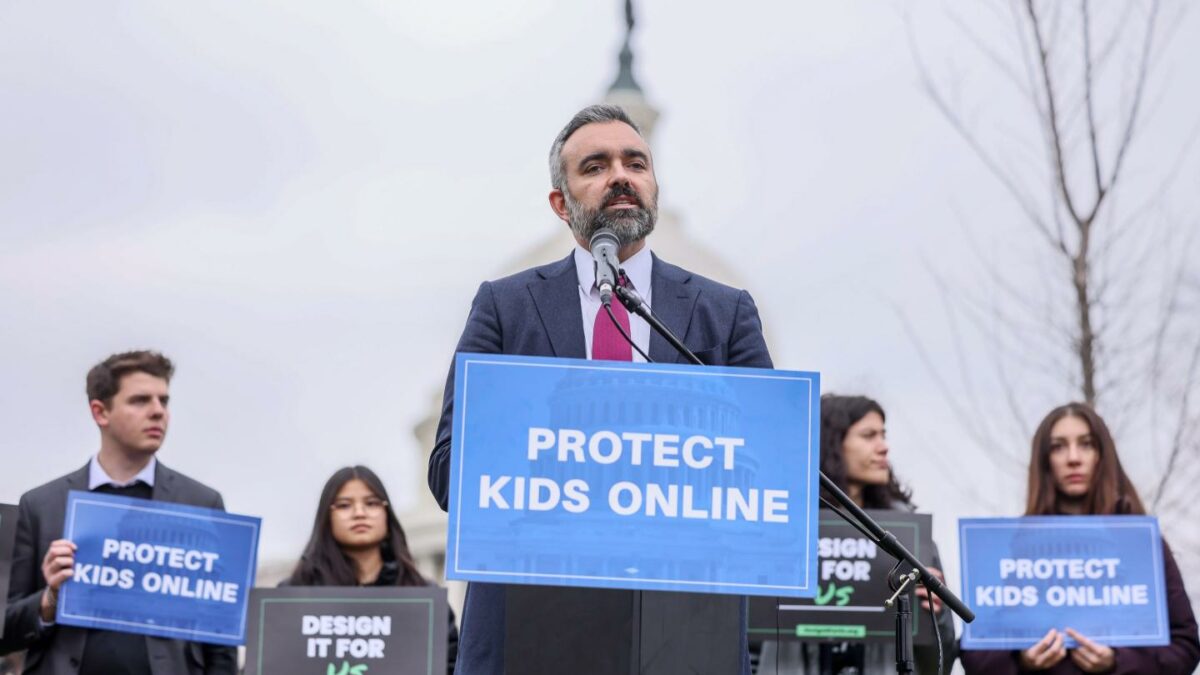 Attorney General of New Mexico Raúl Torrez speaks during a rally organized by Accountable Tech and Design It For Us to hold tech and social media companies accountable for taking steps to protect kids and teens online on January 31, 2024 in Washington, DC.
