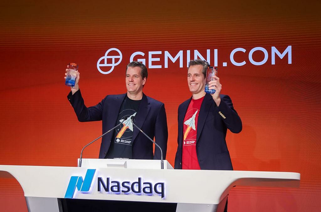 Tyler Winklevoss, CEO and cofounder of Gemini Space Station, left, and Cameron Winklevoss, president and cofounder of Gemini Space Station, right, during the company's IPO on Sept. 12, 2025.