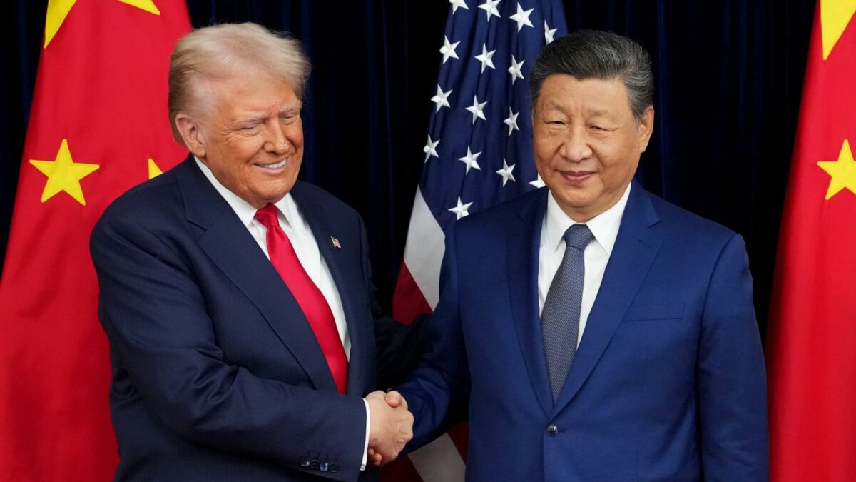 U.S. President Donald Trump greets Chinese President Xi Jinping ahead of a bilateral meeting at Gimhae Air Base on October 30, 2025 in Busan, South Korea.