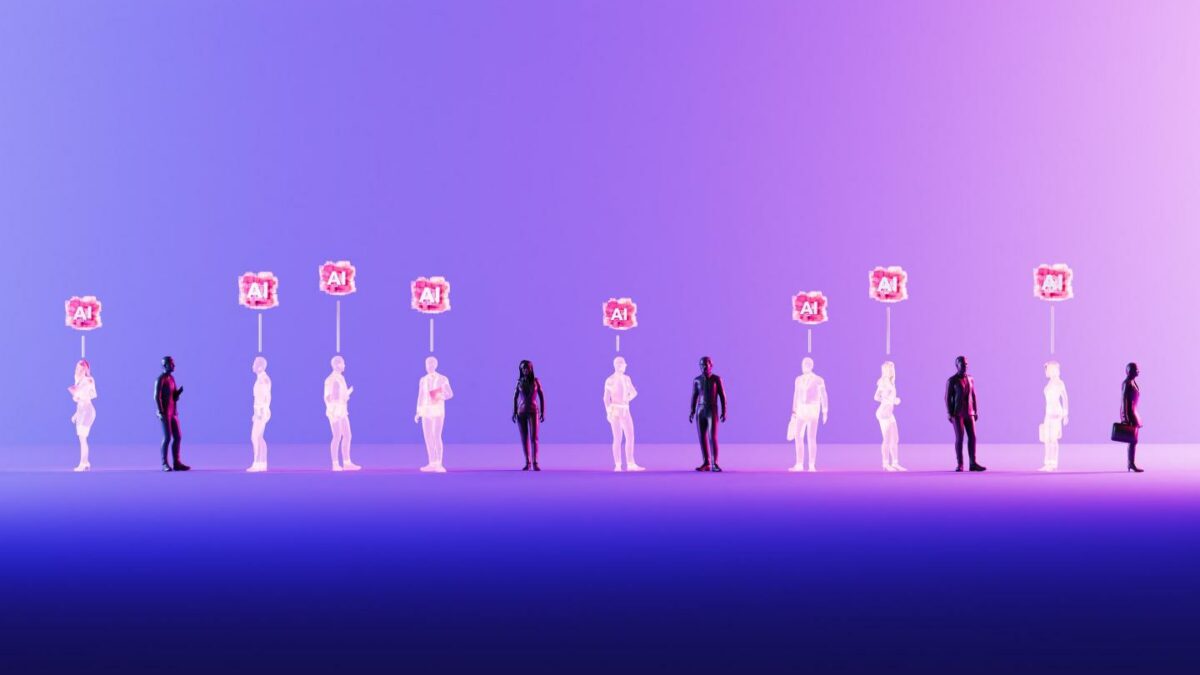 A 3D illustration shows businesspeople holding “AI” signs as ghostlike workers fade into a dark purple background.