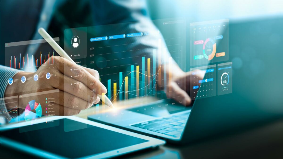 Financial data visualization with digital charts and analytics dashboard, showing business growth, performance metrics, and innovation, representing financial analysis, big data, business intelligence