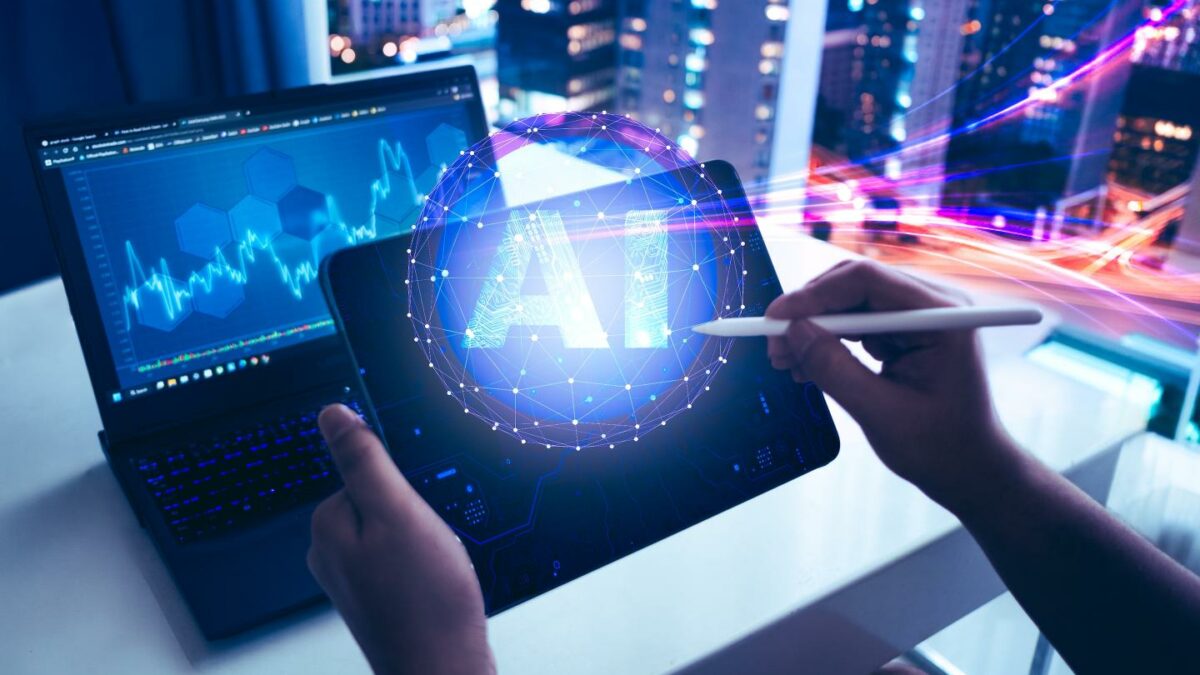 Artificial Intelligence Data Analysis Concept with Digital AI Interface on Tablet and Laptop