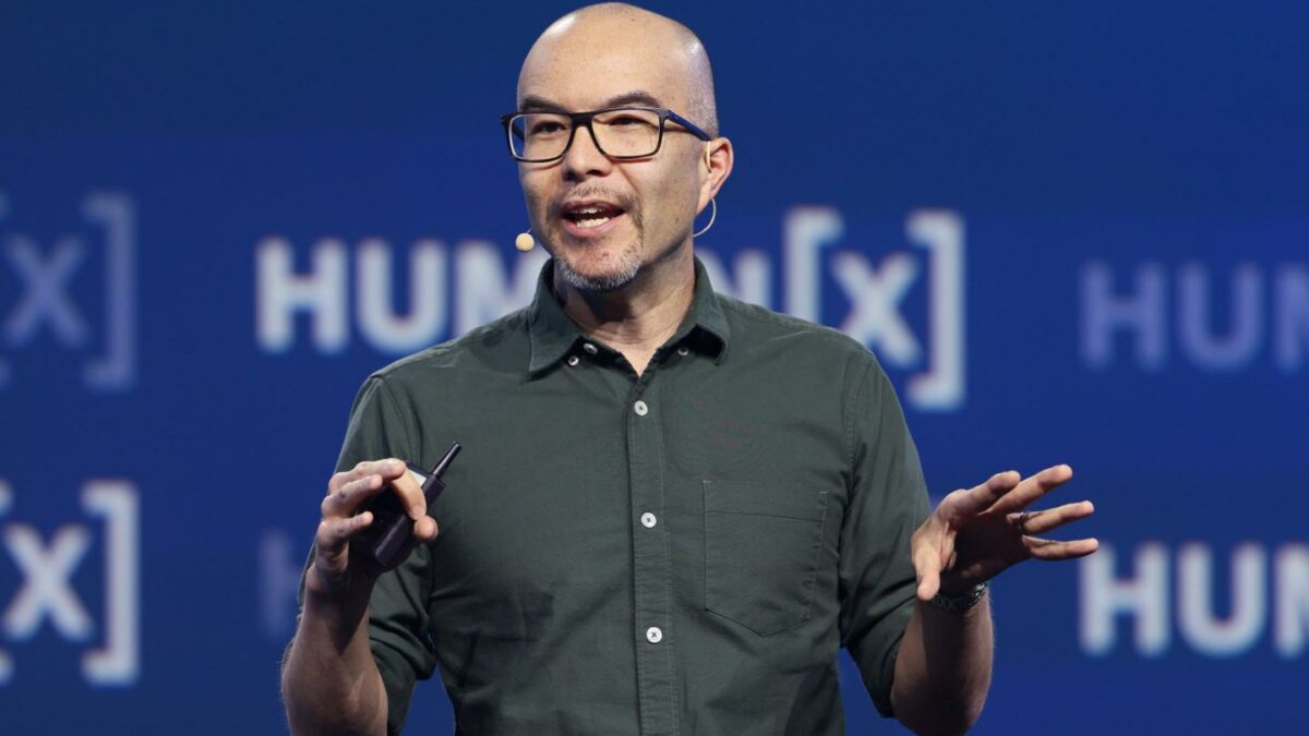 Canva’s Cameron Adams speaks at the HumanX conference, April 8, 2026, in San Francisco.