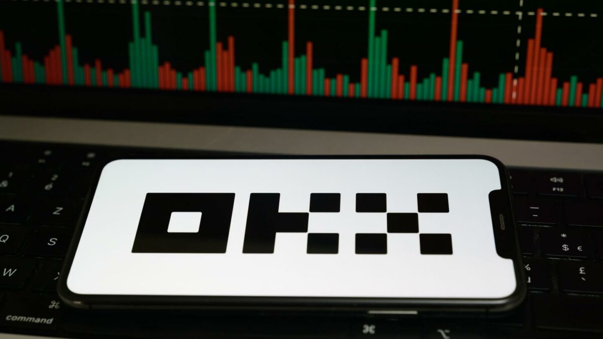 OKX logo with trading chart in the background