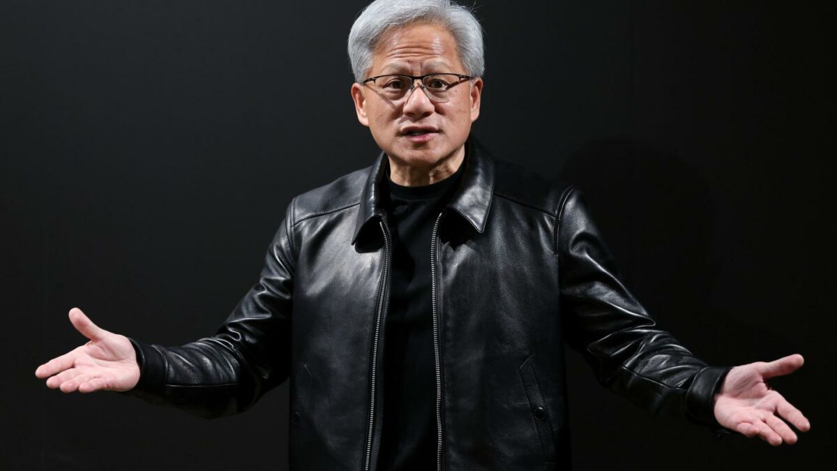 Jensen Huang, chief executive officer of Nvidia Corp., speaks to members of the media.