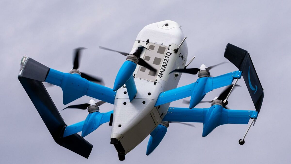 An An Amazon drone is in midflight as it makes a delivery in Papillion, Neb. on Thursday, July 30, 2026.