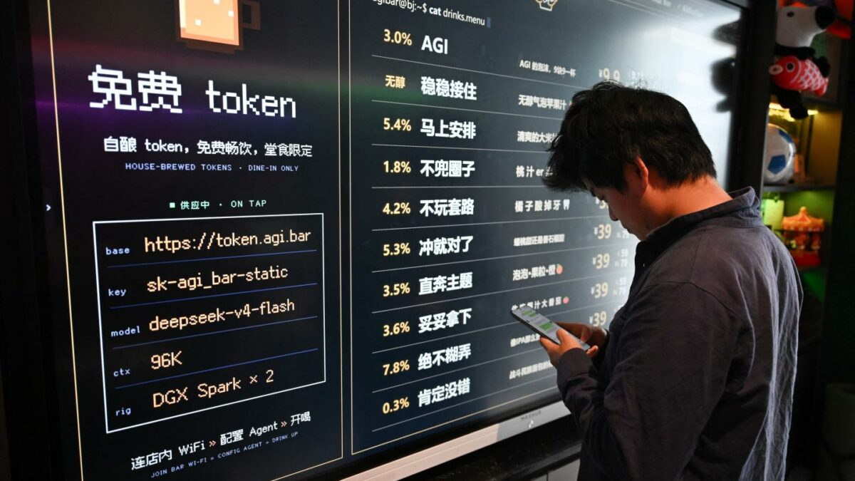 A customer at the AI-themed AGI Bar in Beijing. More marketplaces are opening themselves up to AI-generated content, but consumers are not readily buying the offerings.
