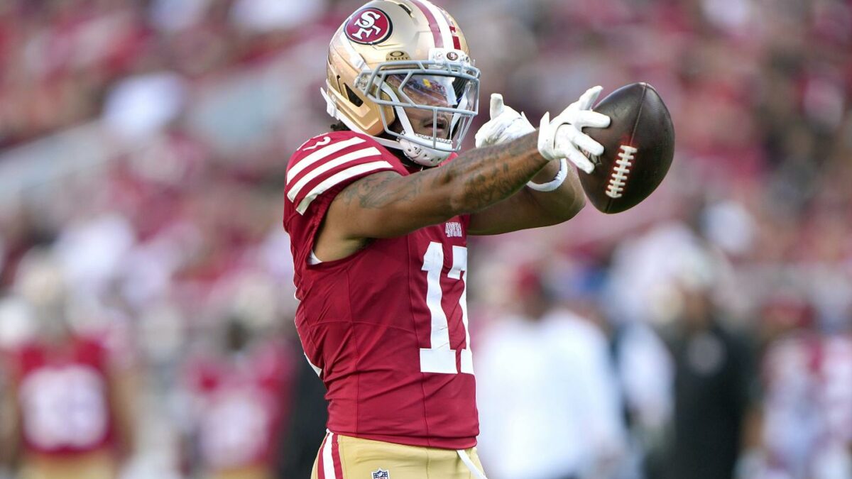 Jordan Watkins #17 of the San Francisco 49ers signals first down after catching a pass against the Tennessee Titans in the first half at Levi's Stadium.