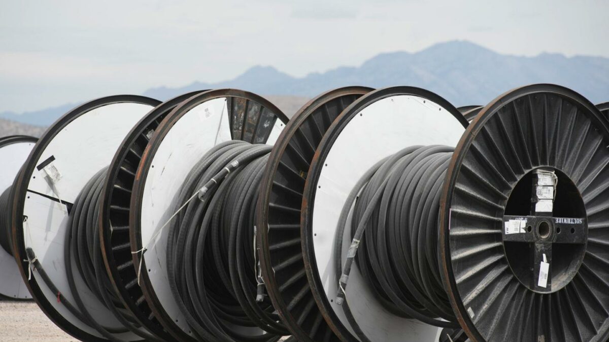 Large rolls of cable at an electrical substation that is under construction at the site of a new QTS Eagle Mountain data center in Eagle Mountain, Utah, on Aug. 28, 2026. (Photo: George Frey/Bloomberg/Getty Images)
