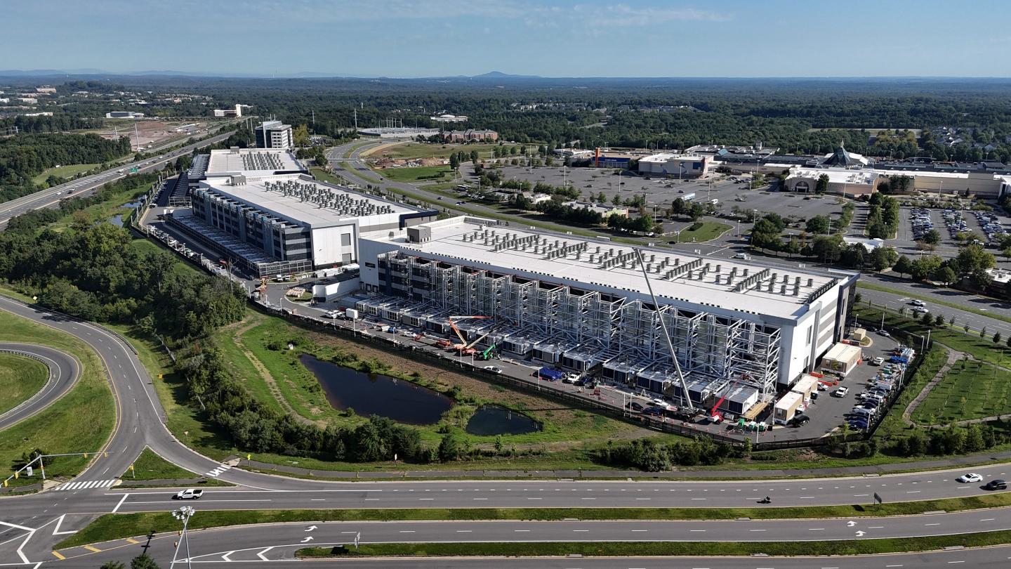 Aerial view of the construction of an Amazon Web Services data center on Aug. 26, 2026, in Sterling, Va.