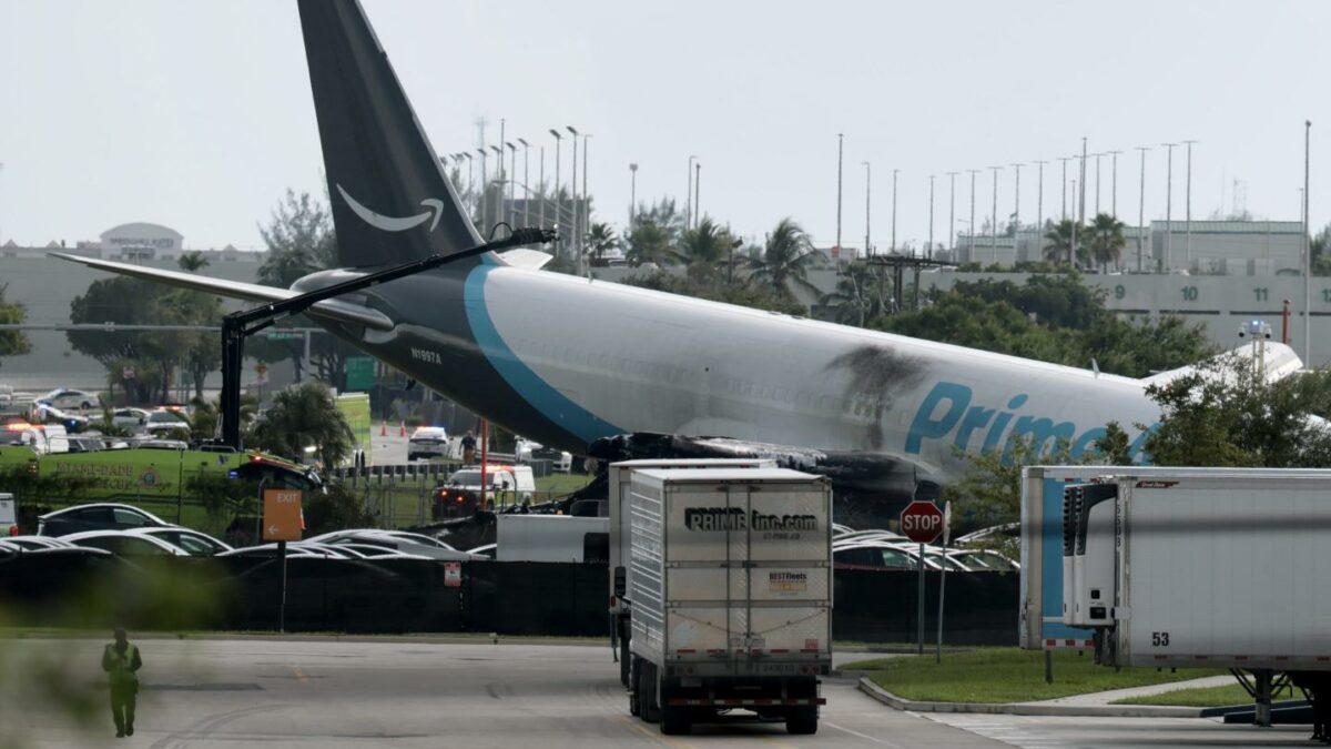 An Amazon cargo plane is seen after it crashed at Miami International Airport on September 6, 2026.