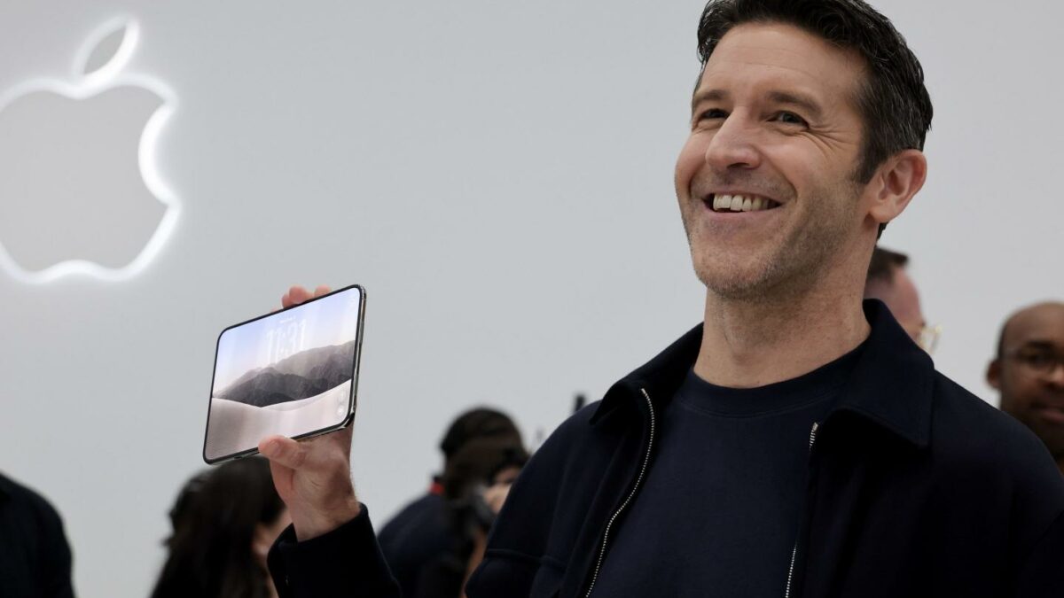 Apple CEO John Ternus with the foldable iPhone Duo during Apple’s event at its Cupertino, Calif., headquarters, Sept. 9, 2026.