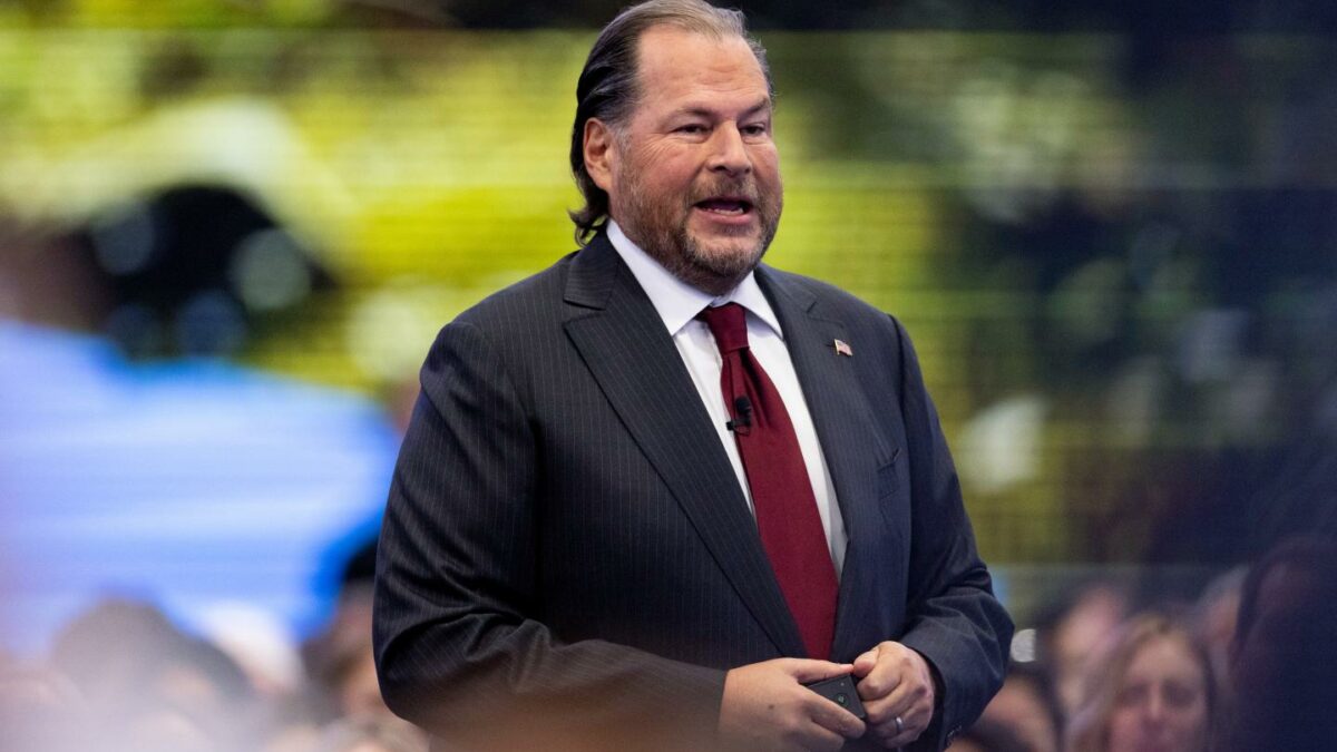 Salesforce Chief Executive Marc Benioff speaks during the keynote address at the company's Dreamforce conference in San Francisco, Calif., on Sept. 15, 2026.