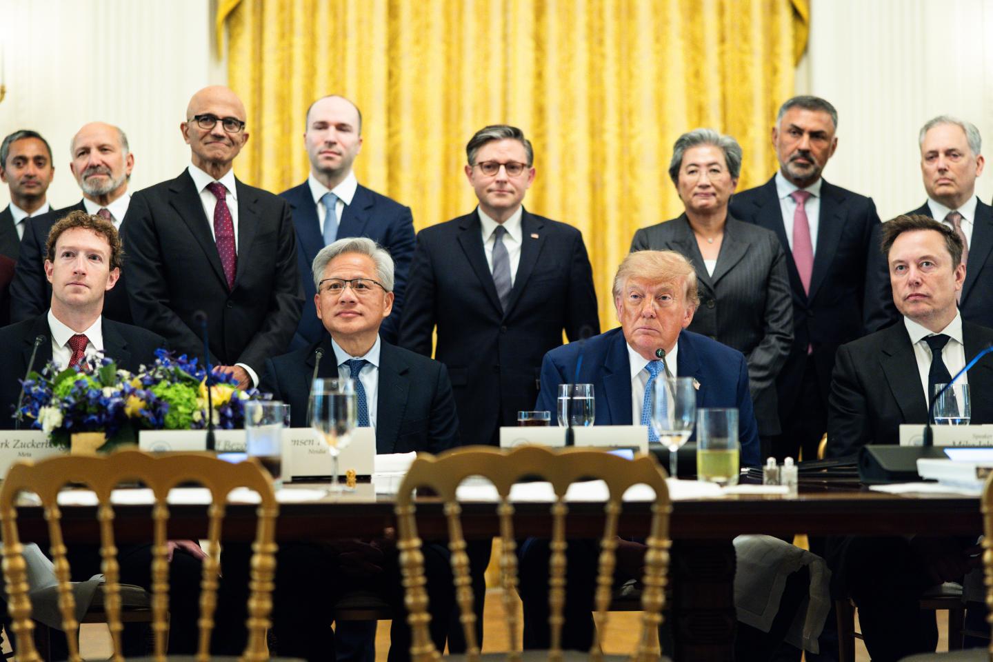 gettyimages-2297269701 From left: Social Capital founder Chamath Palihapitiya, Meta CEO Mark Zuckerberg, U.S. Commerce Secretary Howard Lutnick, Microsoft CEO Satya Nadella, OpenAI president Greg Brockman, Nvidia CEO Jensen Huang, U.S. House Speaker Mike Johnson, U.S. President Donald Trump, AMD CEO Lisa Su, Palo Alto Networks CEO Nikesh Arora, Tesla CEO Elon Musk in Washington, D.C., on Sept. 29, 2026. (Photo: Tierney L. Cross/The Washington Post/Bloomberg/Getty Images)
