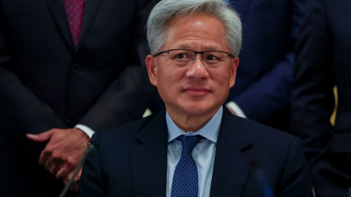 Nvidia CEO Jensen Huang attends a meeting on artificial intelligence in the East Room of the White House.