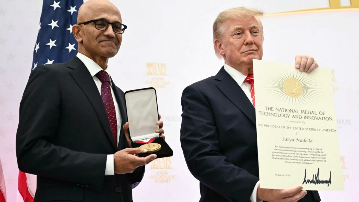 President Donald Trump presents the National Medal of Technology and Innovation to Microsoft CEO Satya Nadella during the Golden Age of American Innovation Summit at the Institute of Peace in Washington, D.C., Oct. 8, 2026.