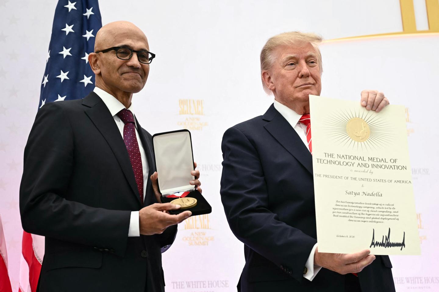 President Donald Trump presents the National Medal of Technology and Innovation to Microsoft CEO Satya Nadella during the Golden Age of American Innovation Summit at the Institute of Peace in Washington, D.C., Oct. 8, 2026.