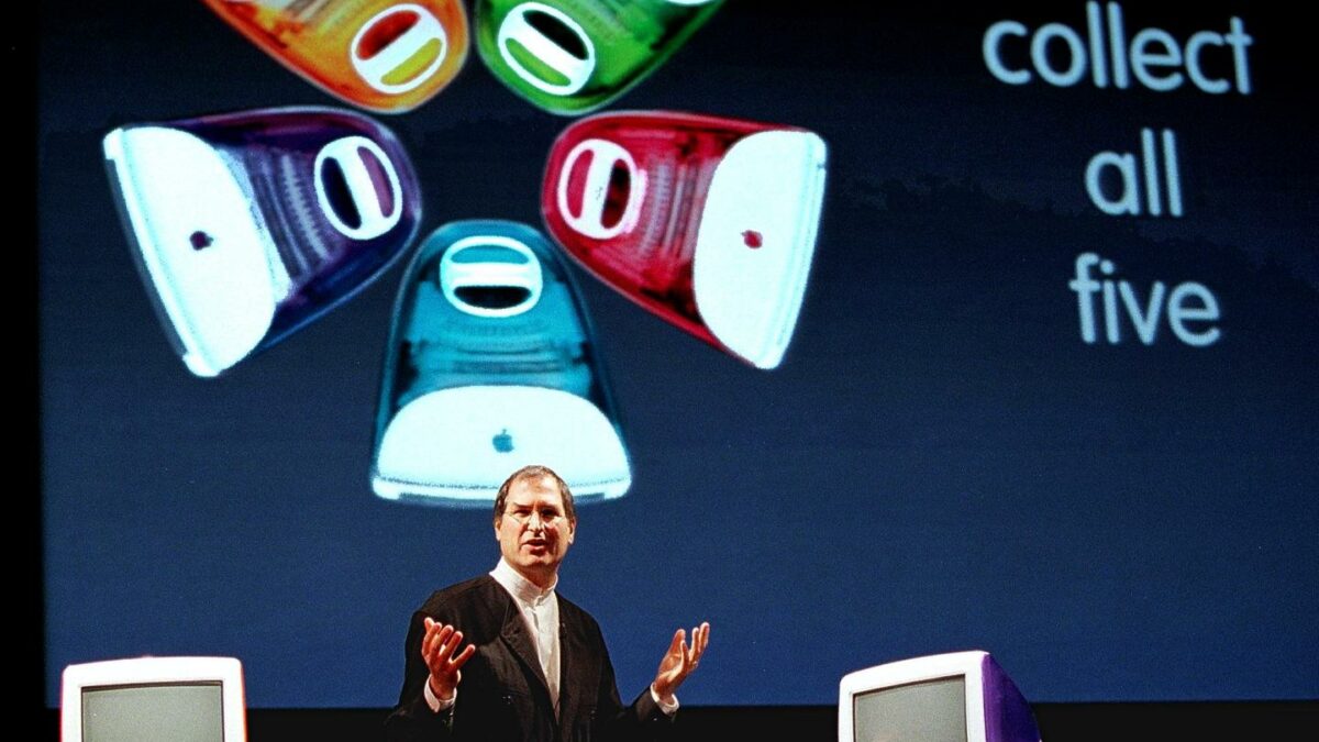 Steve Jobs introduces new five iMac colors during a keynote address.