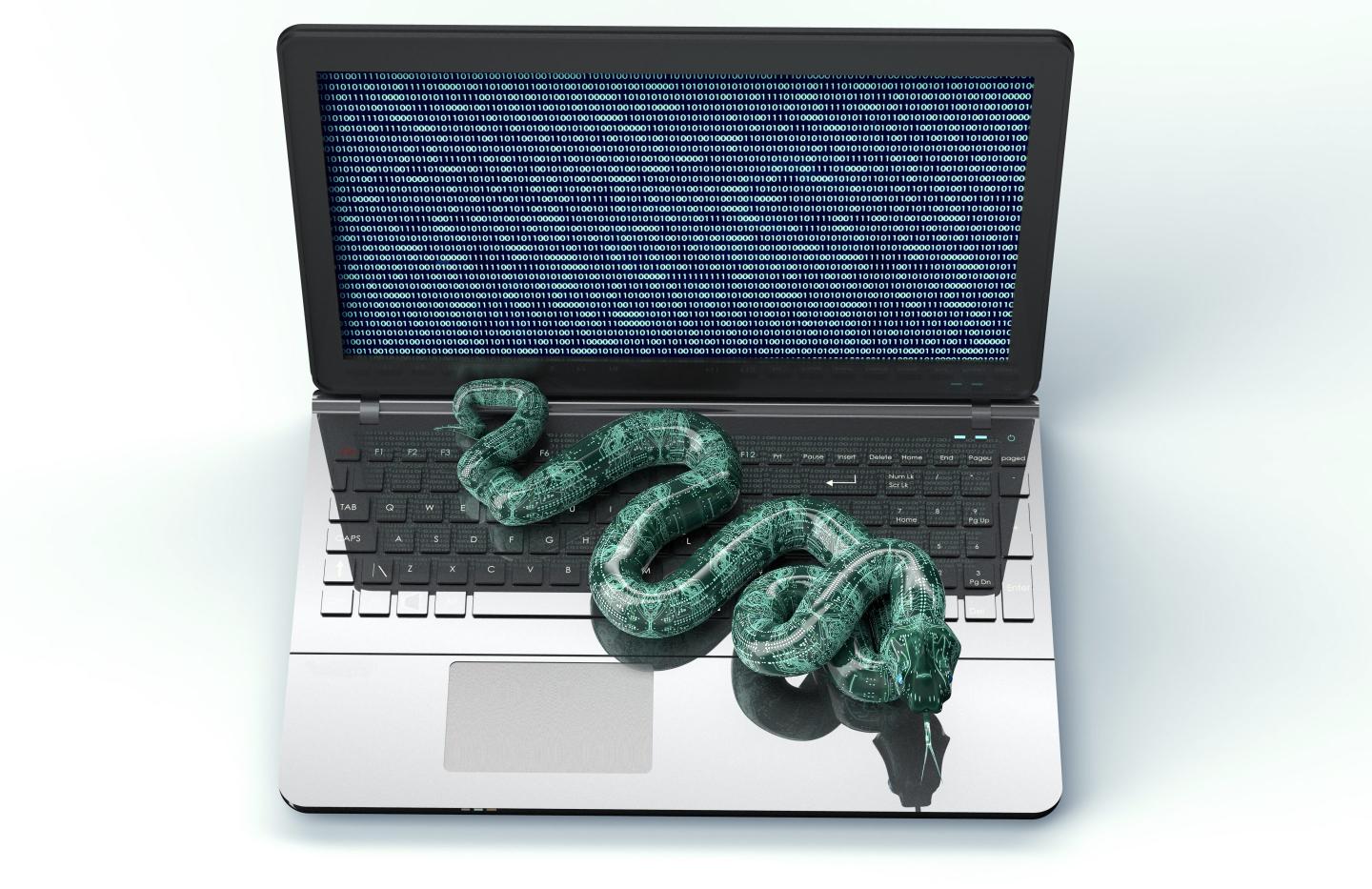 Illustration of a digital snake emerging from a laptop computer whose screen is displaying lines of code
