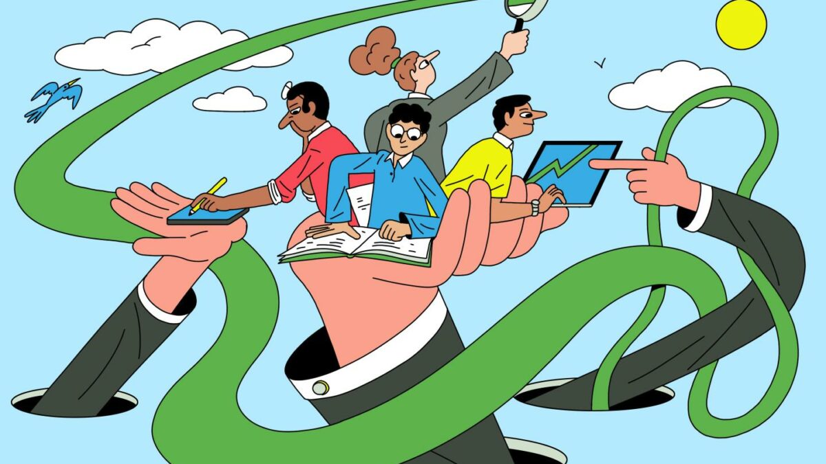 Illustration featuring several employees at work, connected by a green arrow.