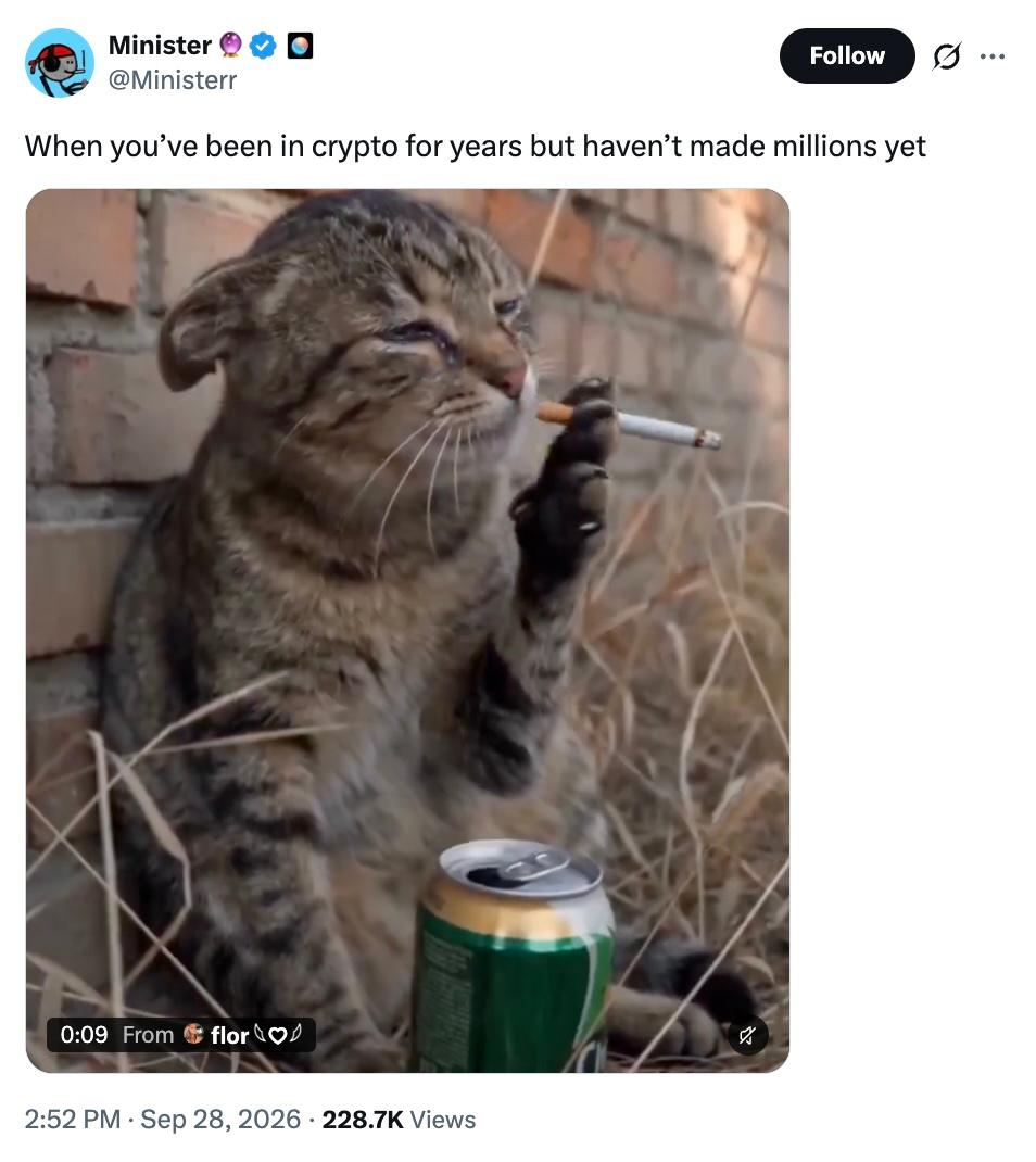 ministerr-x-post-cat-smoking-crypto-crying X post by user @Ministerr depicts a gif of a cat smoking, crying, and drinking a beer. Reads: "When you've been in crypto for years but haven't made millions yet."
