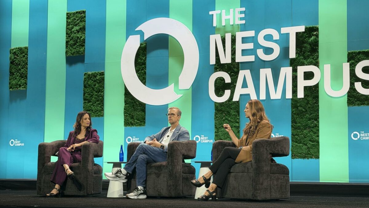 Allie Garfinkle, Mike Schroepfer, and Dawn Lippert onstage at The Nest Campus in September 2026.