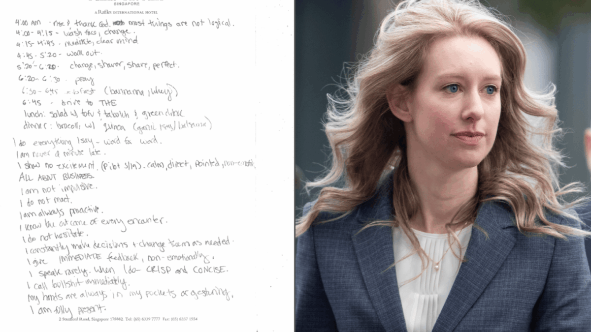 On the left, a note written by Elizabeth Holmes. On the right, Elizabeth Holmes.